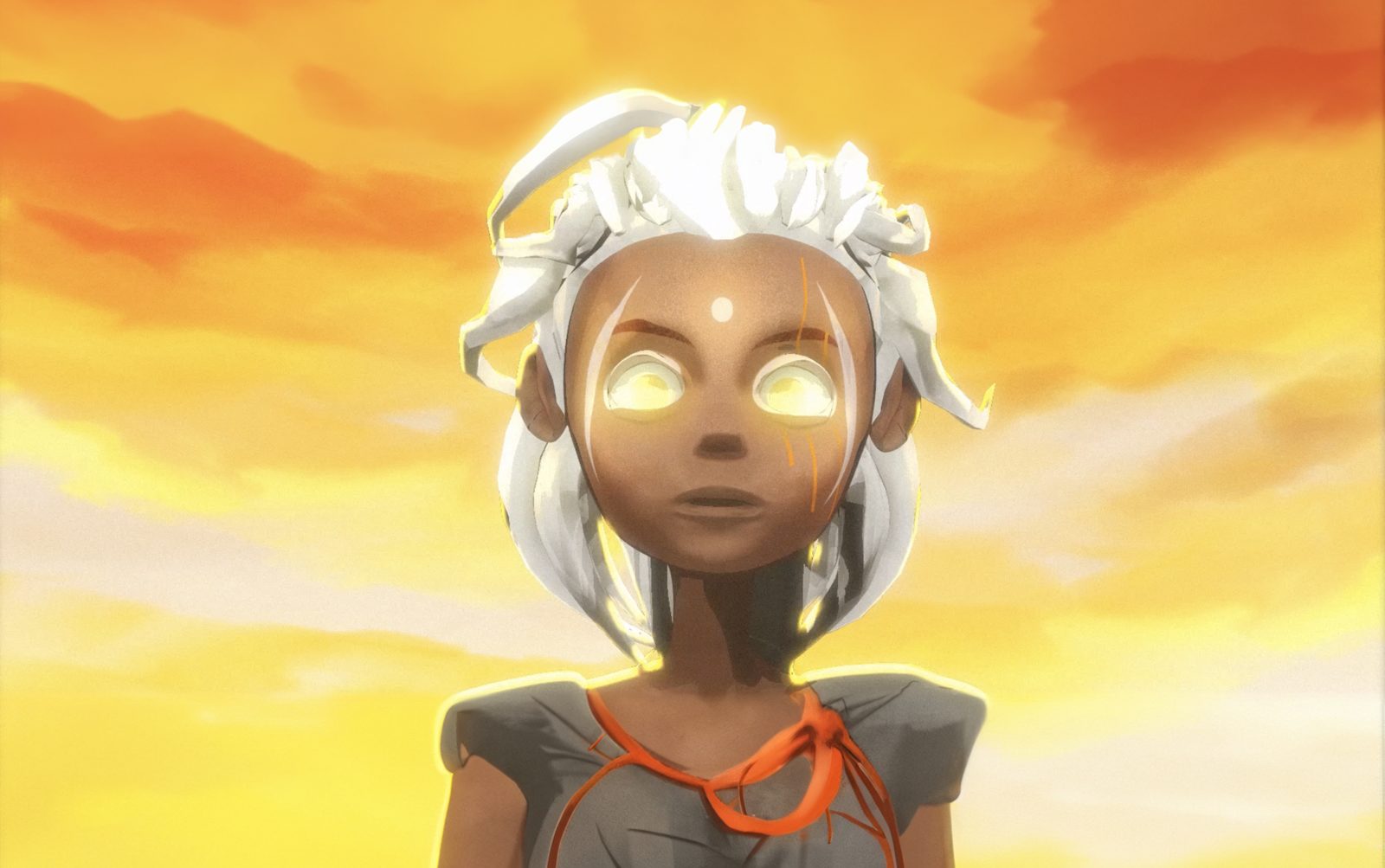 Personaje 3D de cabello blanco y ojos luminosos