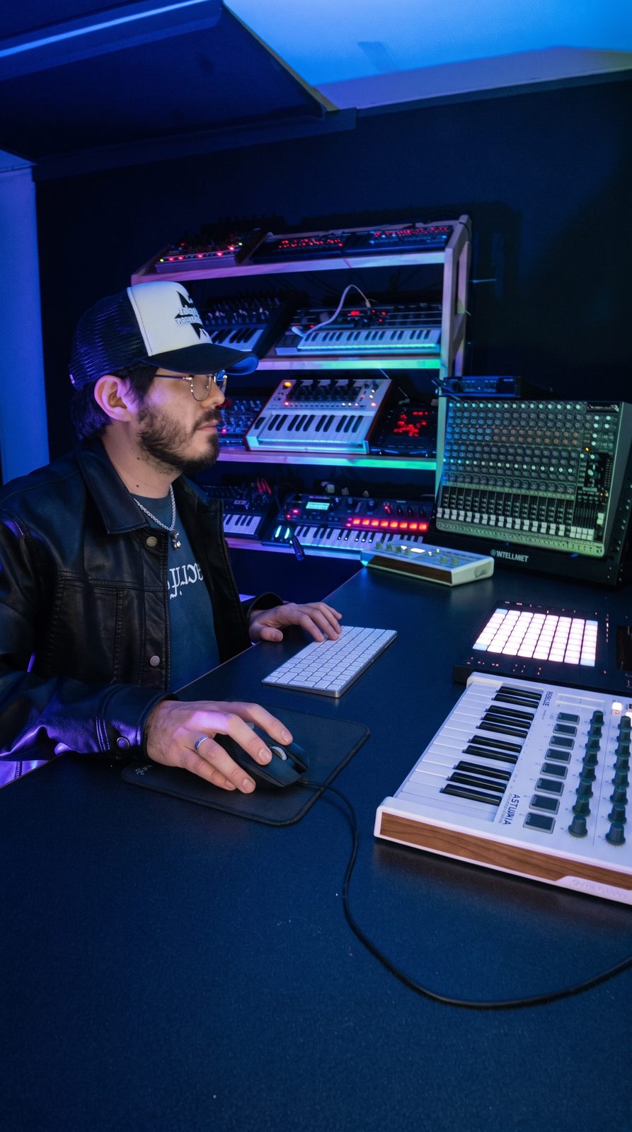 Creador sonoro trabajando con sintetizadores y controladores